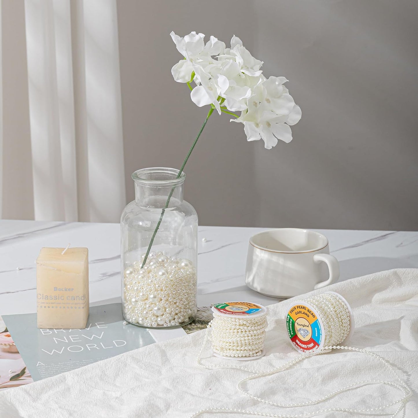 3mm Millet Beads Crafts Faux Pearl Beads Garland Pearl Bead Roll Strand of Pearls to Decorate Floral Centerpieces Wedding Party Favor Christmas Tree(33 Feet Ivory)