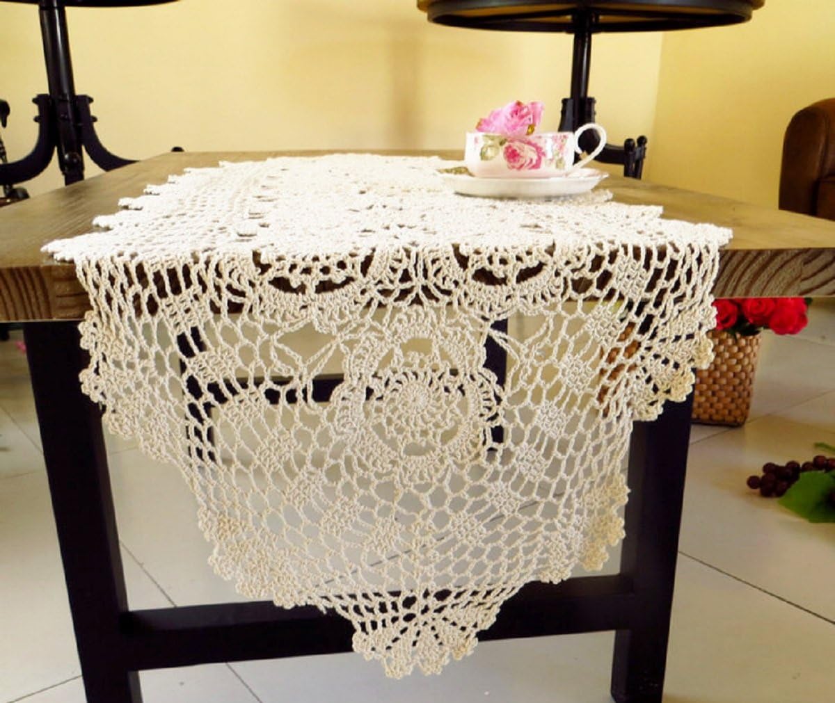 Cotton Handmade Crochet lace Table Runners Oval Tablecloth Doilies Doily Table Dresser Scarf Décor,15x35 inch,White