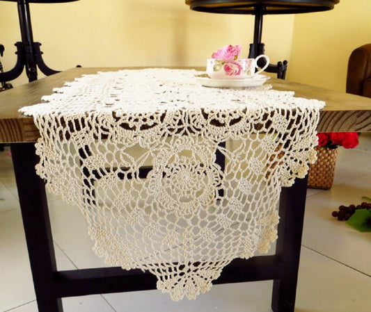 Cotton Handmade Crochet lace Table Runners Oval Tablecloth Doilies Doily Table Dresser Scarf Décor,15x35 inch,White
