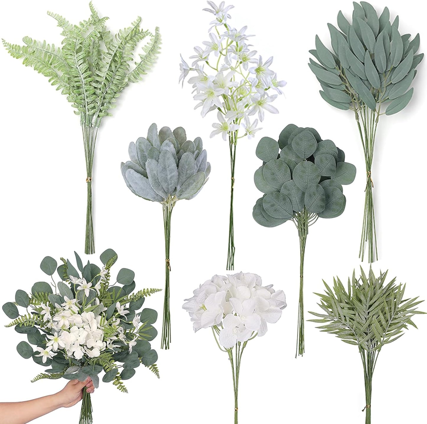 FOTEEWL 70 Pcs Artificial Greenery Stems Box Set,with 7 Kinds of Faux Plants and Fake Flowers for DIY Bridal Bouquets Wedding Floral Arrangement Table Centerpieces Decoration (Sage Green & Beige)