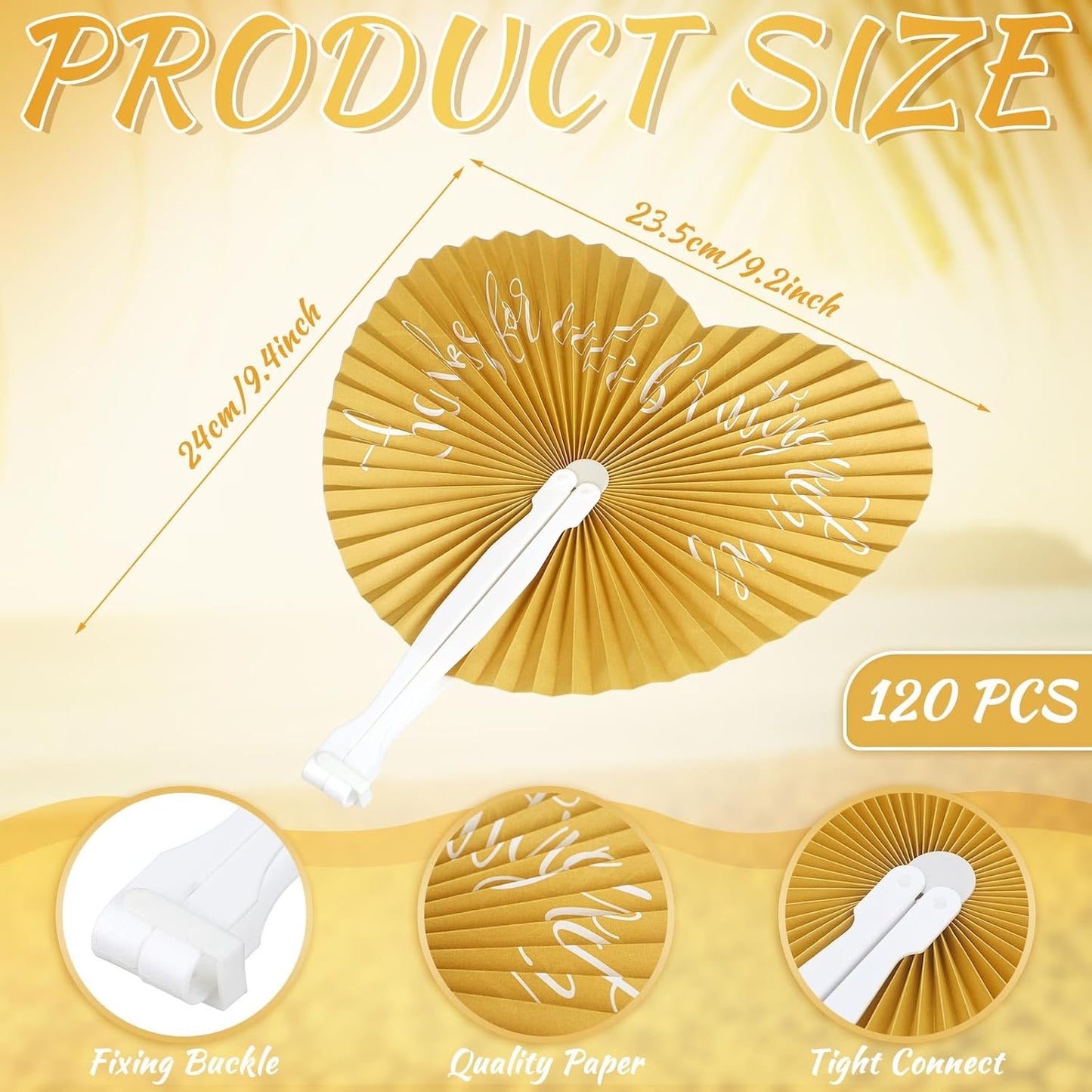 120 Pieces Paper Hand Held Fan Bulk Paper Folding Fans for Weddings Foldable Wedding Fans Bridesmaid Gift for Guest Bridal Shower Dancing Party DIY Craft Photo Props Wall Decoration(Gold,Heart)