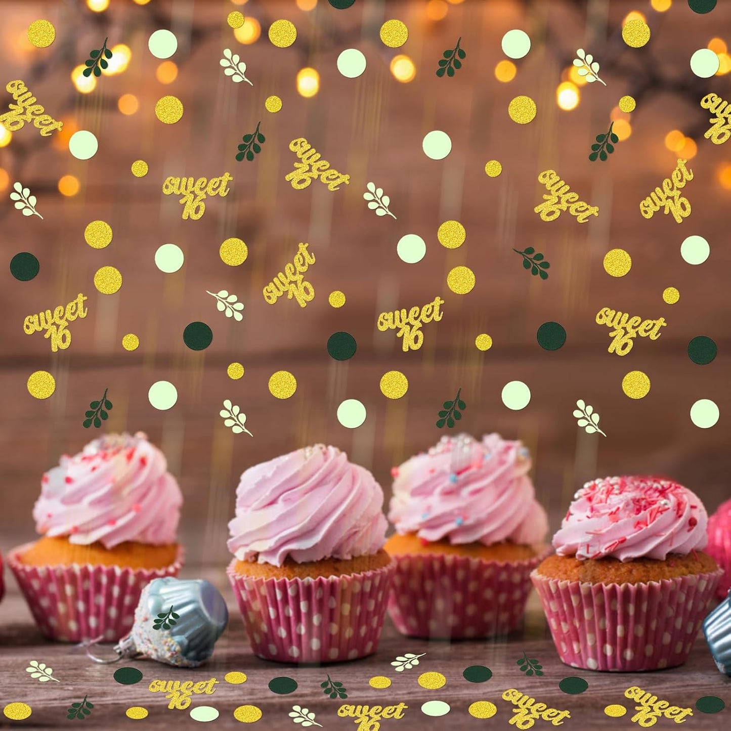 300PC Gold Glitter and Sage Green Sweet 16 Party Decorations Greenery Happy 16th Birthday Confetti for Table Sweet Sixteen Party Decor Supplies