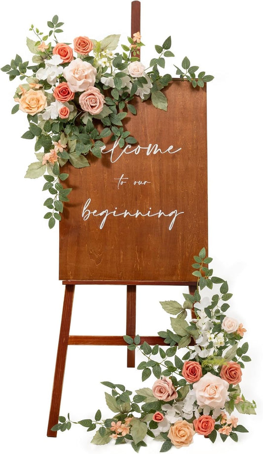 Ling's moment 2pcs Wedding Flowers Garland Artificial Floral Swag Arch Decorations Greenery Arrangements Blush & Pink Ceremony Reception Garden Easel Wall Entryway Outdoor Board(NOT Include Sign)