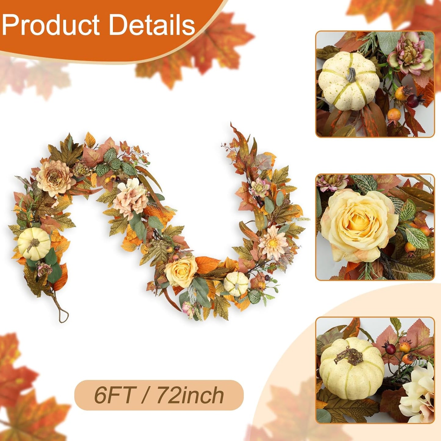 Fall Garland, 6 FT Pumpkin Garlands, Fall Leaves Garland for Table Centerpiece Door Window Fireplace Home Indoor Outdoor Fall Decorations