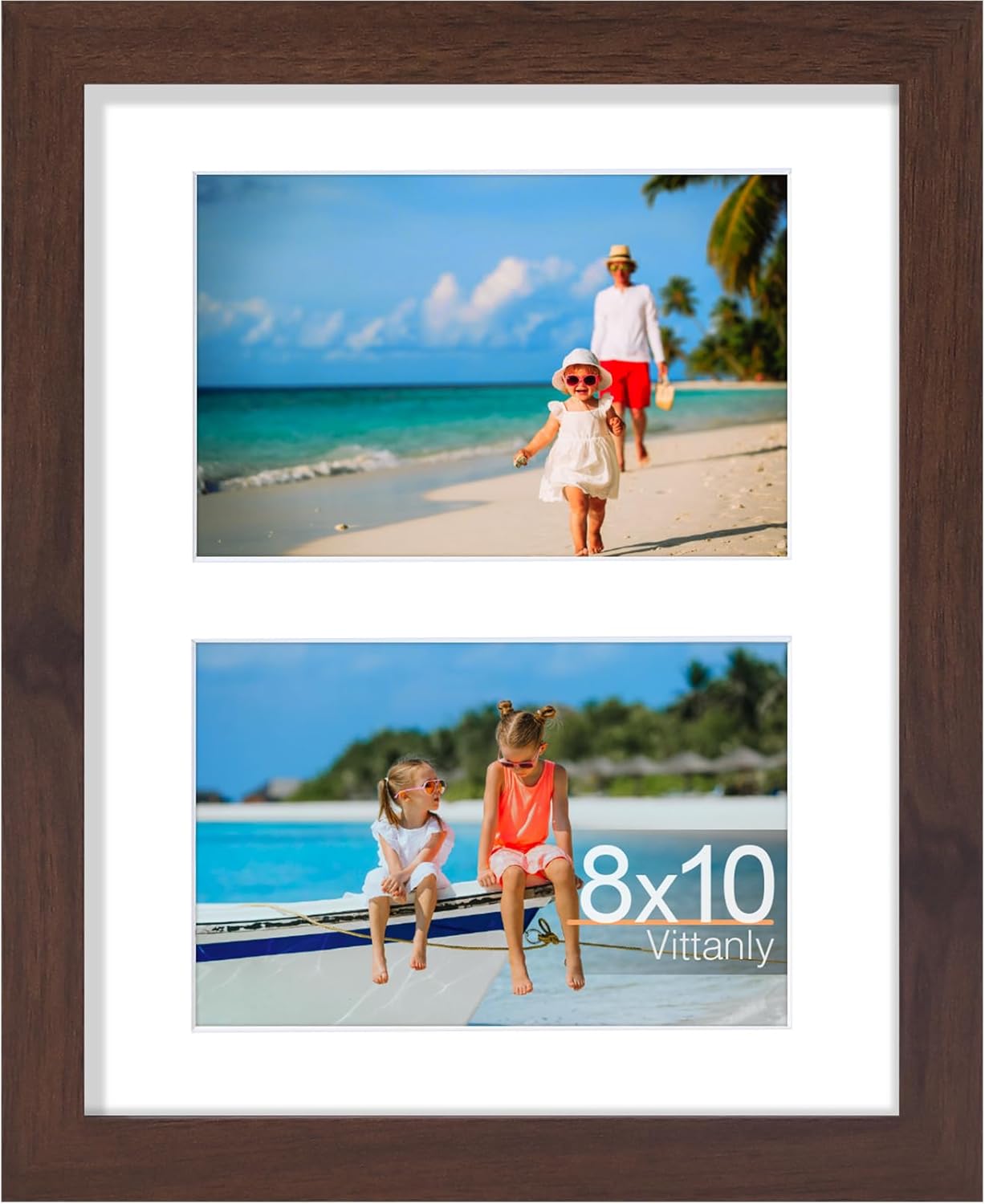 Vittanly 8x10 Collage Picture Frame, Displays 2Pcs 4x6 Pictures with Mat, Photo Frame for Wall Mounting or Table Top with Stand, Brown, 1 Pack