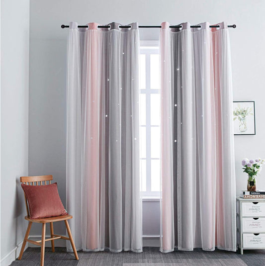 FANLI Ombre Rainbow Blackout Curtains for Kid Girls Bedroom Living Room Darking Stripe Double Layer Star Cut Out Wall Home Decor Gradient Grommet Window Curtains (Pink/Grey, 52W x 84L)