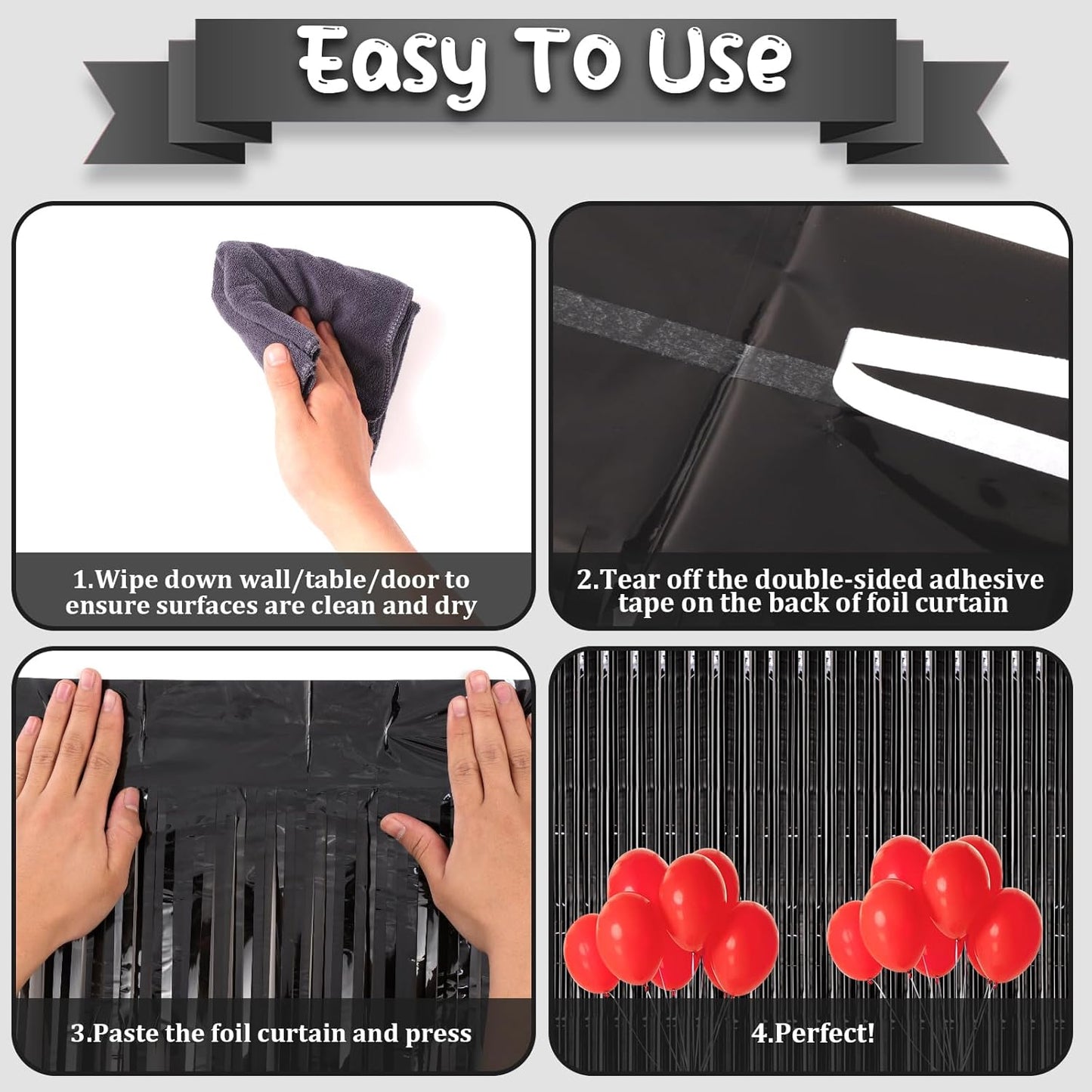 2 Pack Black Foil Fringe Backdrop Curtains, Tinsel Streamers Birthday Party Decorations, Fringe Backdrop for Graduation, Baby Shower, Gender Reveal, Disco Party