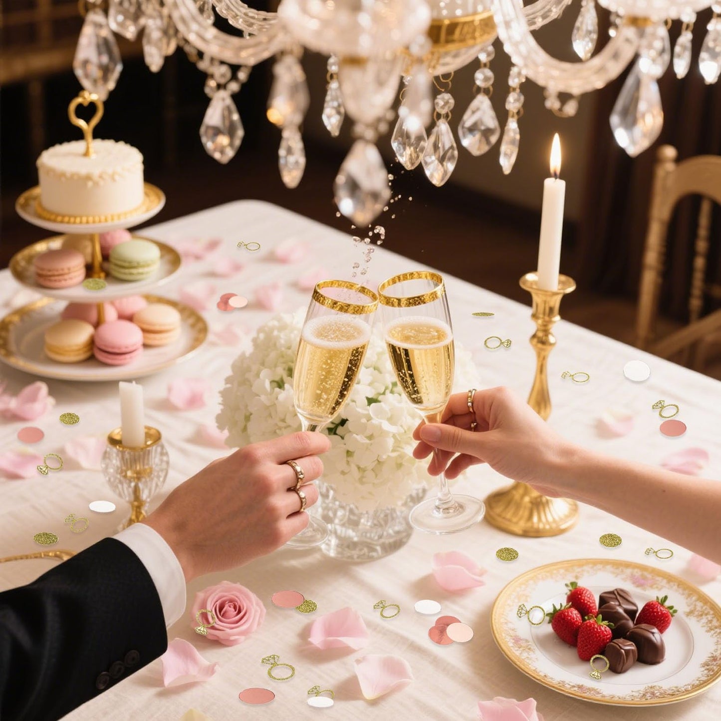 200 Pcs Rose Gold Glitter Wedding Table Confetti, Bridal Shower Decorations, Glitter Paper Diamonds Ring Confetti, Engagement Party Scatter