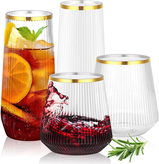 mwellewm 48 Pcs Plastic Wine Glasses Disposable, Cocktail Glasses Set 9 OZ Stemless Champagne Flutes 12 OZ Ribbed Origami Ripple Reusable Party Cup for Wedding Home Office Bar Drinking(Gold Rim)