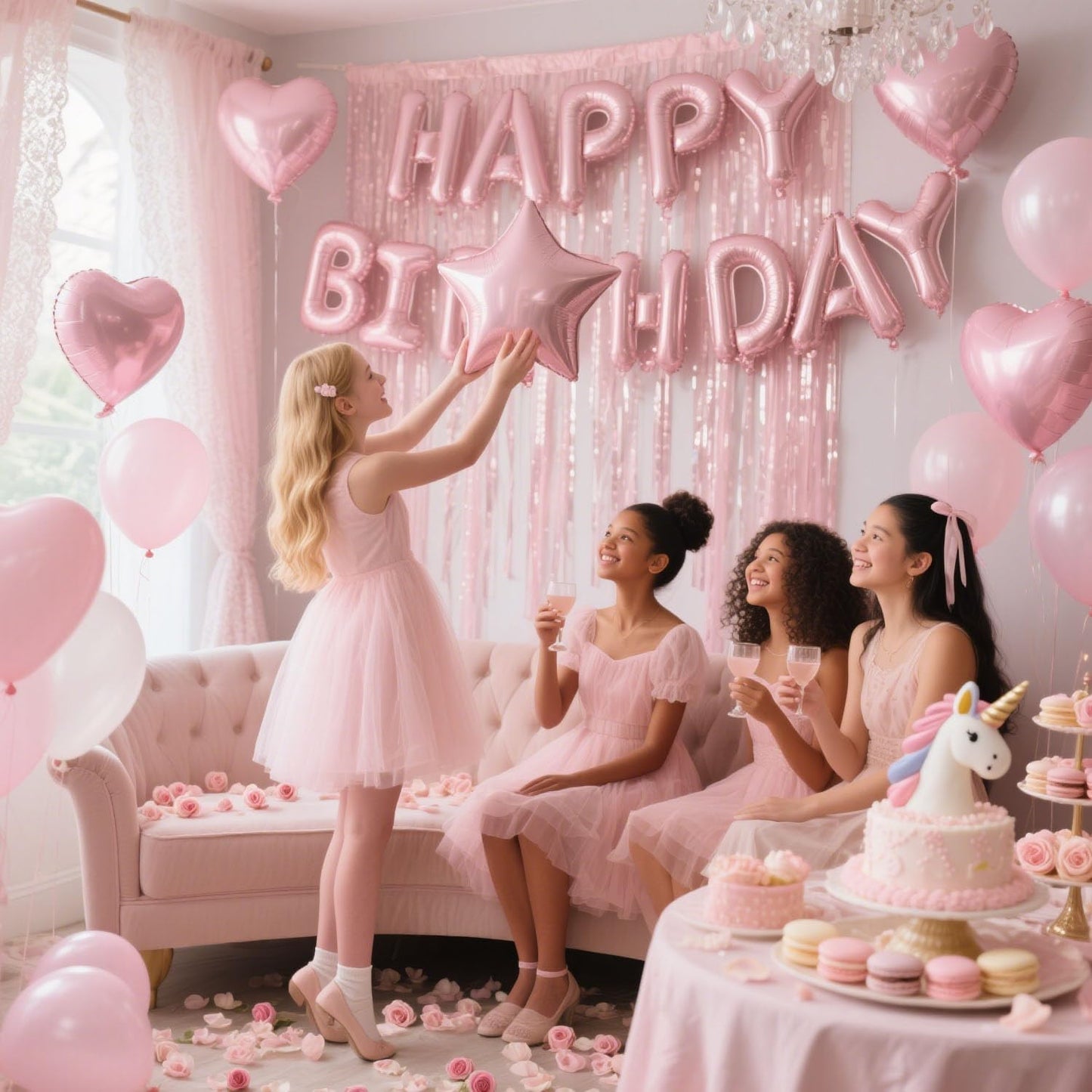 29 Pcs Pink Birthday Party Decorations - Happy Birthday Balloons Banner Baby Pink, Heart & Star Foil Balloons, Confetti & Latex Balloons, Foil Fringe Curtains Party Supplies for Girls