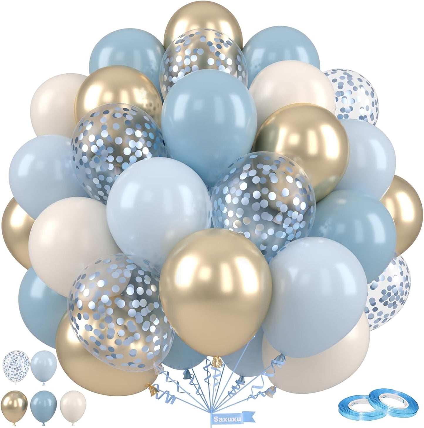 Dusty Blue and Gold Balloons, 12 Inch Blue Gold Balloons, Retro Fog Blue Metallic Golden White Confetti Balloons Latex Balloon for Wedding Baby Shower Gender Reveal Birthday Party Decoration
