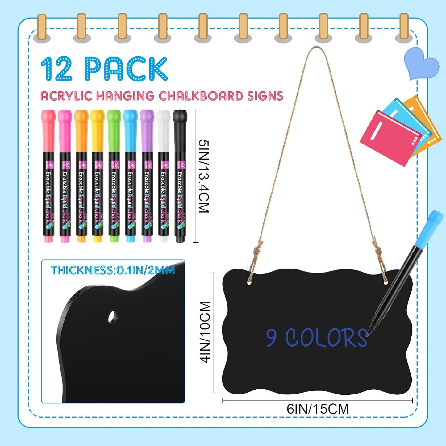 12 Pcs 4 x 6 Acrylic Chalkboard Hanging Sign with Chalk Markers Chalk Board Signs with Hanging String for Wedding Kitchen Home Party Decoration (Wave)