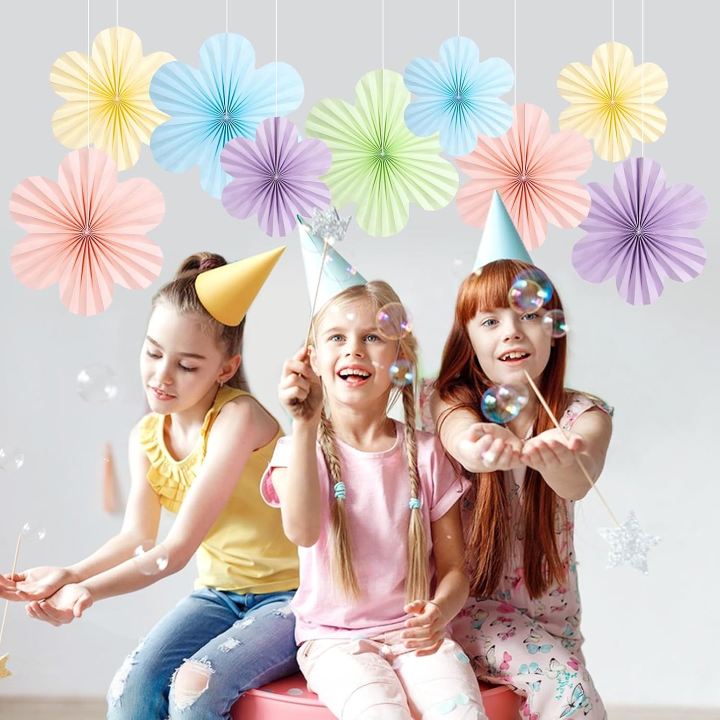 SUNBEAUTY 9 PCS Pastel Paper Flowers Decorations for Wall Paper Fans Classroom Decoration Paper Floral Backdrop Decor Paper Fans Decoration