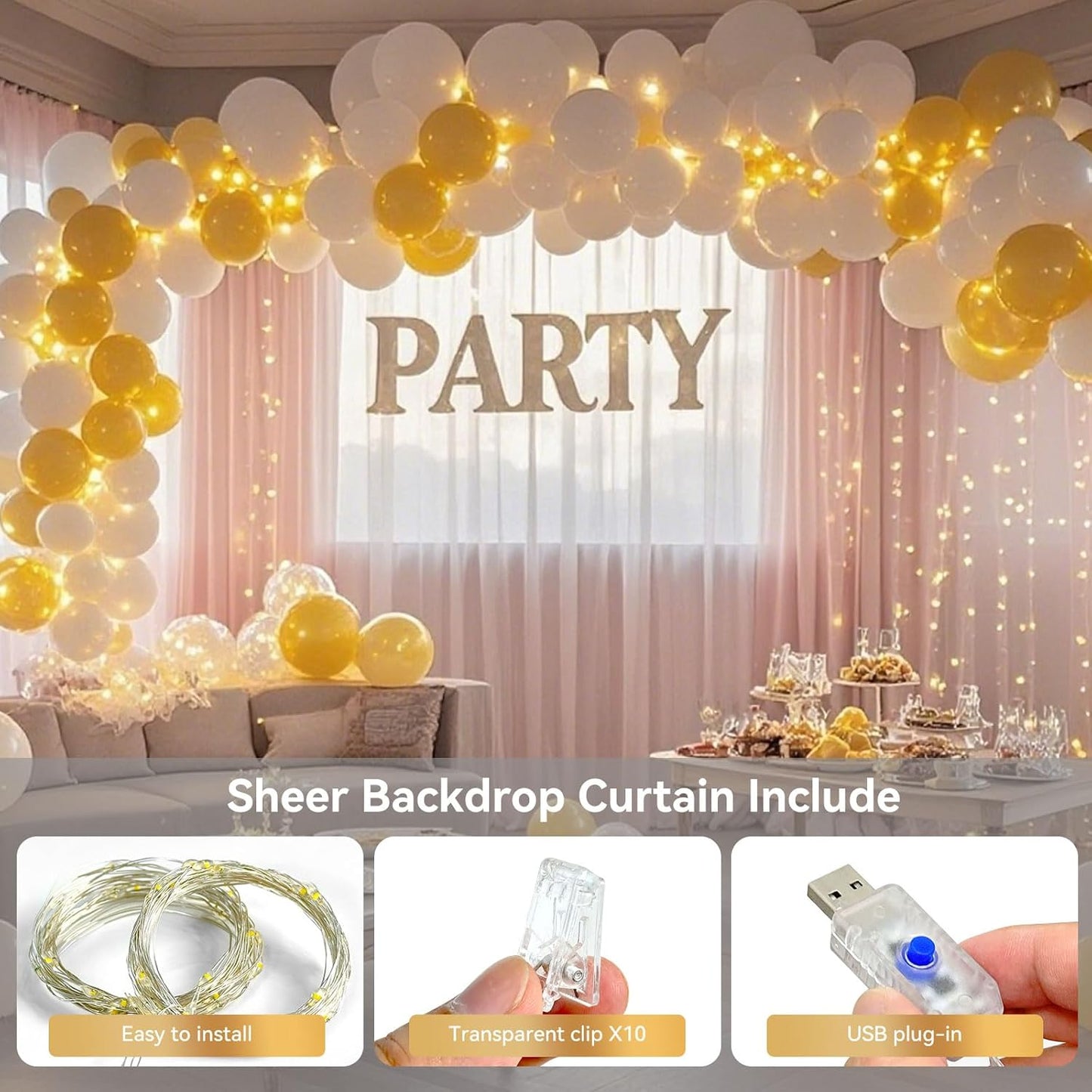 10×10ft Tulle Backdrop Curtains with Lights String - 300LED Fairy Lights Sheer Curtain Backdrop for Weddings Baby Shower and Birthday Party Decorations(4 Panels 5×10ft)