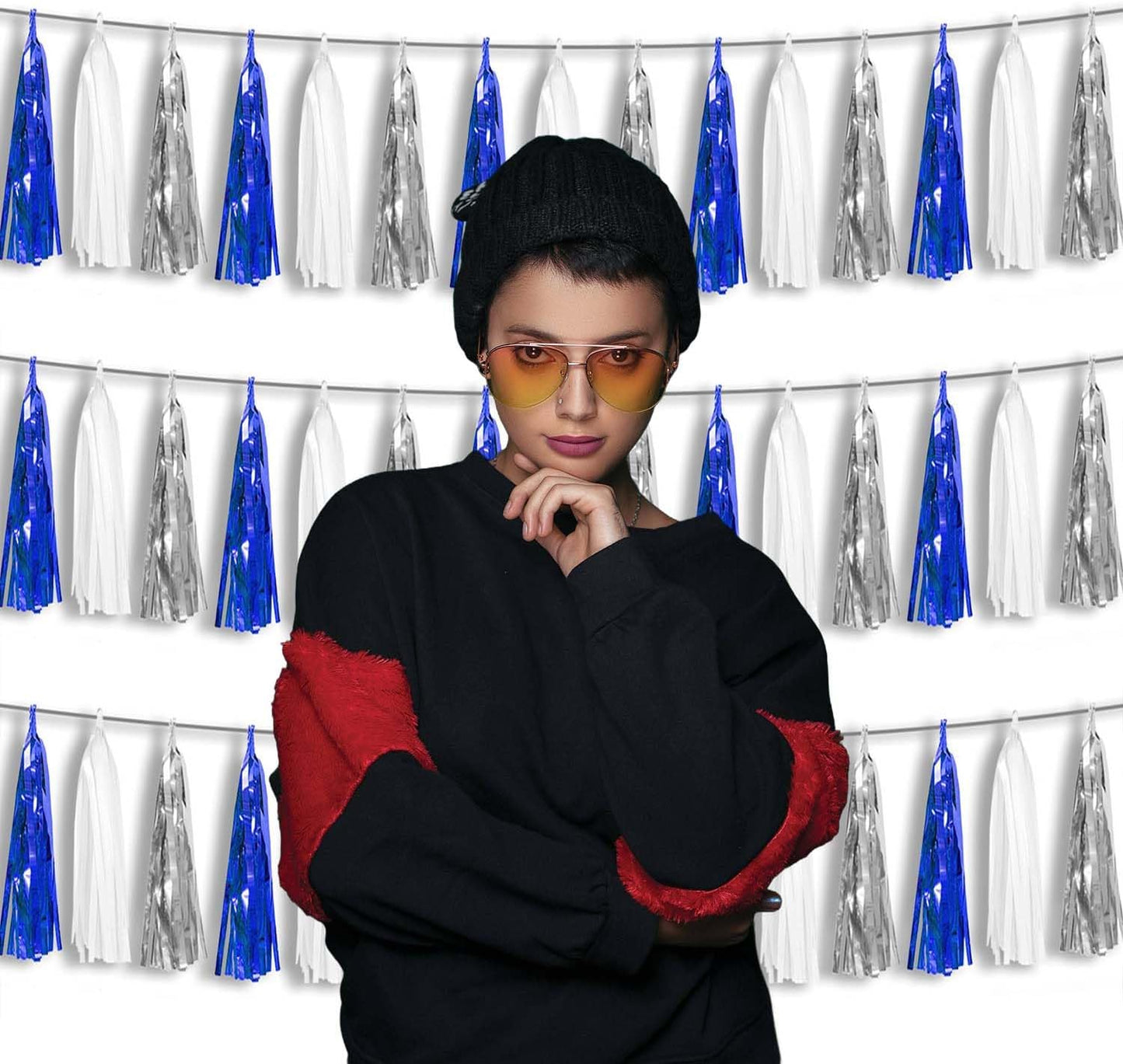 3P Metallic Fringe Tassel Banner Garland Foil Tinsel Streamer Wall Hanging Curtain Backdrop Banner for Parade Floats, Graduation Decorations, Retirement Party Decorations(Navy Blue White Silver)