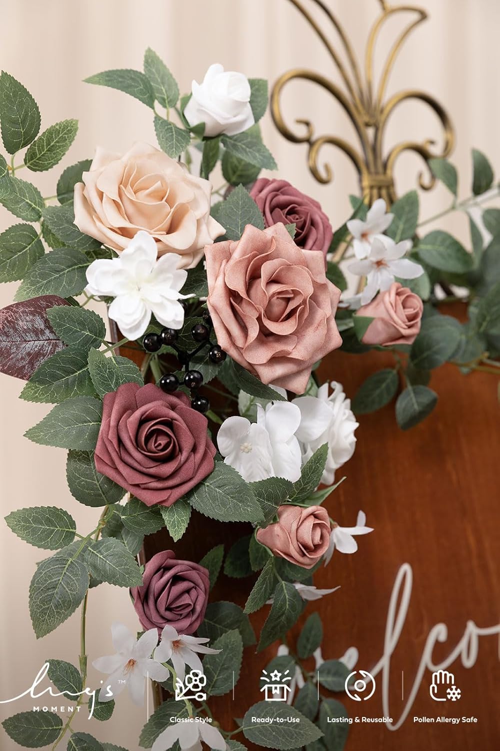 Ling's moment 2pcs Wedding Flowers Garland Artificial Floral Swag Arch Decorations Greenery Arrangements Dusty Rose Mauve Ceremony Reception Garden Easel Wall Entryway Outdoor Board(NOT Include Sign)