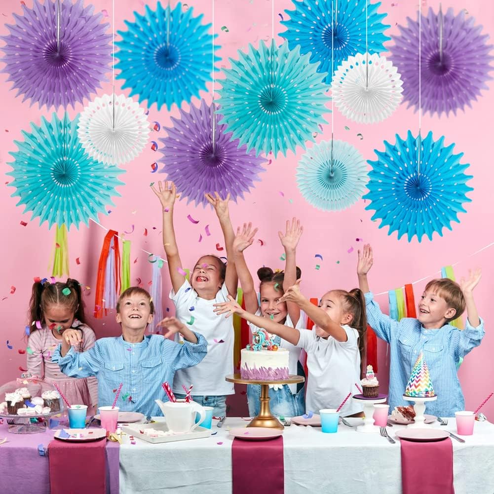 SUNBEAUTY Pack of 11 Purple Lavender Blue Hanging Honeycomb Paper Fans Decoration Mermaid Theme Tissue Paper Fan Garland for Baby Shower Girl Kid Birthday Under The Sea Wedding Party Supplies