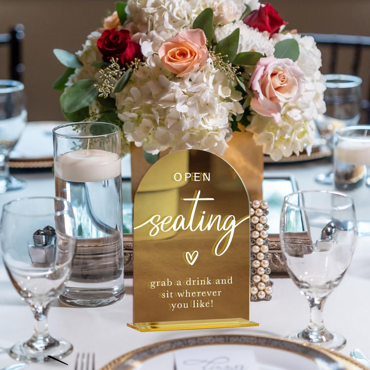 Acrylic Wedding Sign, Bridal Shower Decorations, Open Seating Sign for Ceremony, Modern Font Table Signs, Gold Mirror Arched Acrylic Tabletop Signs for Wedding Reception and Event Party