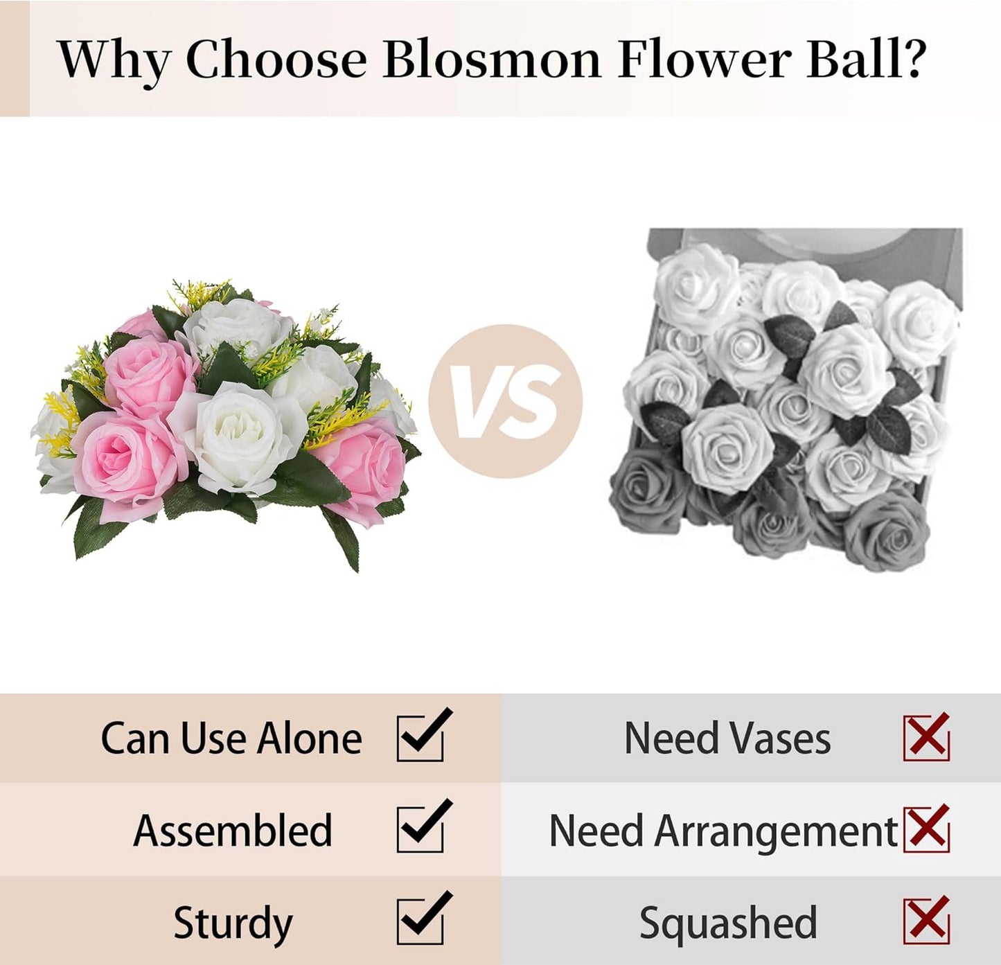 BLOSMON Flower Balls Rose Centerpieces: 6 Pcs 9.5 Inch Pink Fake Flowers Kissing Balls Decor Artificial Wedding Floral Arrangements Silk Flower Bouquet with Base Home Party Room Table DIY Decorations