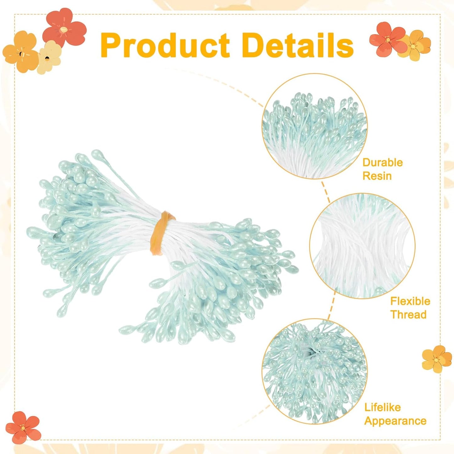 150-Pack Flower Stamens for Crafts, 5mm Double Heads Artificial Pearl Floral Pistil Mini Flower Pollens Stamens for DIY Making/Wedding/Scrapbook Decoration [Light Blue]