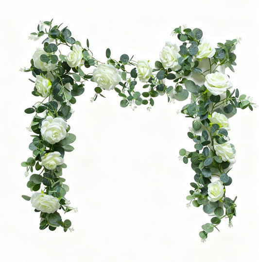 6FT Artificial Eucalyptus Garland with 14 Fake White Rose Flowers - Floral Greenery Decoration Vine for Wedding Centerpieces, Table Runner, Backdrop, Arch Wall Decor,Indoor/Outdoor (1 PCS)
