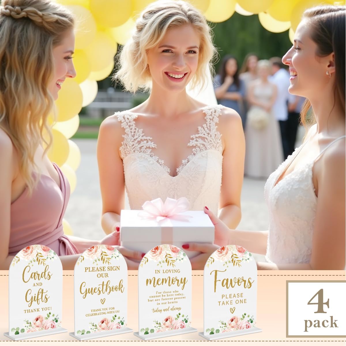 4 Pcs Acrylic Wedding Signs for Reception, Bridal Shower Decorations, Cards and Gifts Signs, Guest Book Sign, Arch Acrylic Table Top Sign with Holder for Wedding Reception (White Pink Flowers)