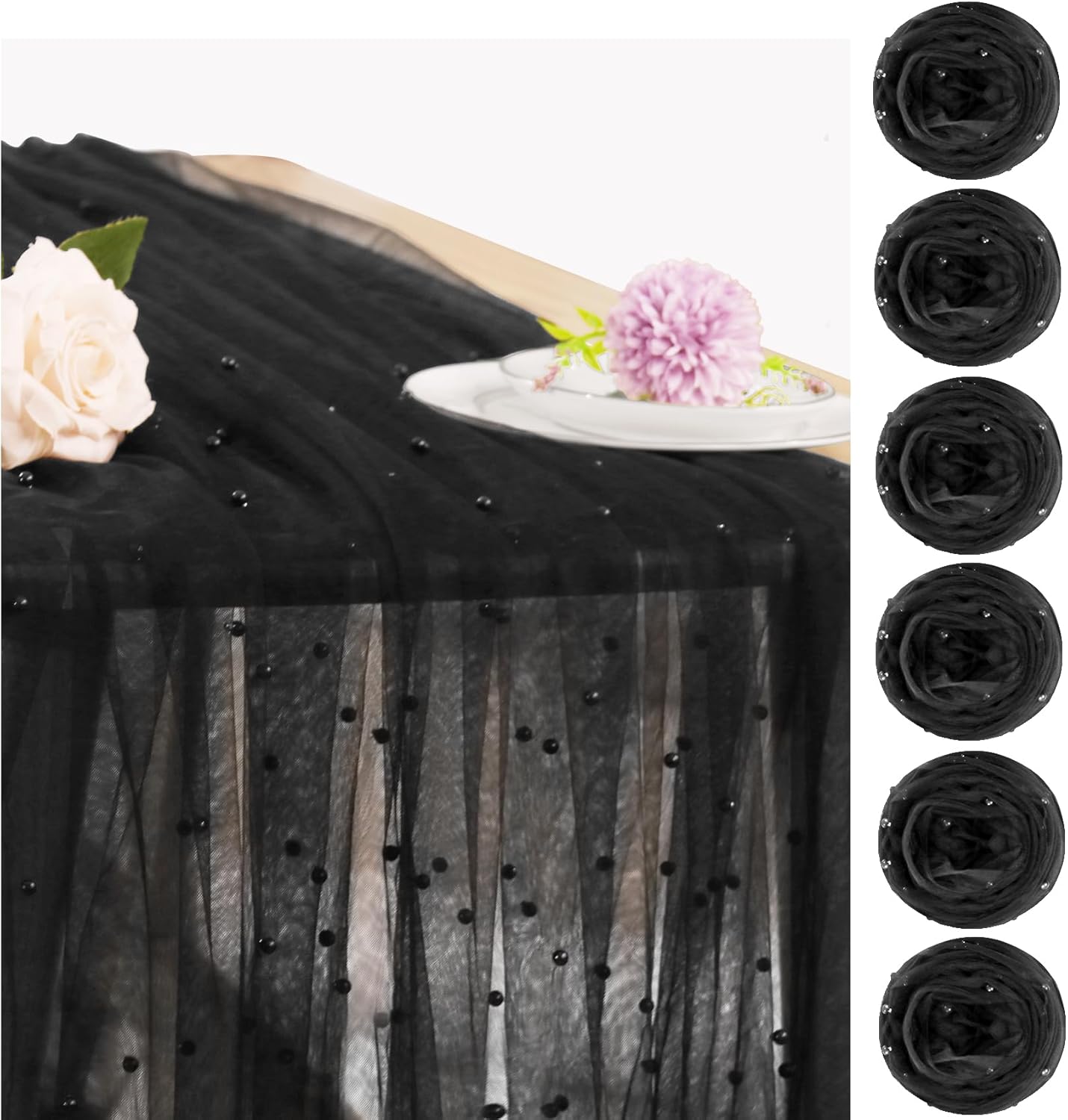 Set of 6 Pearl Table Runner 29 x 120 Inch Tulle Fabric Lace Table Runners Boho Rustic Tablecloth for Bridal Shower Birthday Party Wedding Arch Aisle Veil Dessert Table Decor(Black)