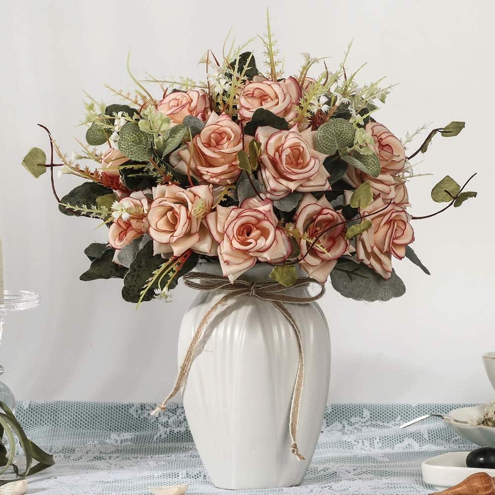 LESING Artificial Rose with Vase,Fake Silk Flowers Bouquets in Vase Table Centerpiece Arrangement for Kitchen Living Room (Pink)