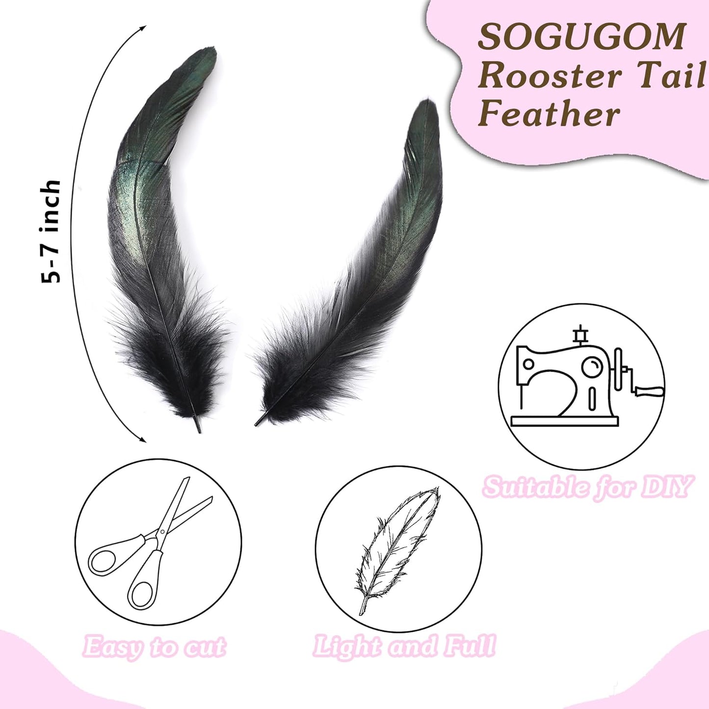 SOGUGOM Colorful Rooster Tail Feathers - 200 pcs 5-7 inch Craft Colored Feathers Bulk for Craft Projects, Halloween, Hats and Cocktail Table Centerpieces(Multicolor)