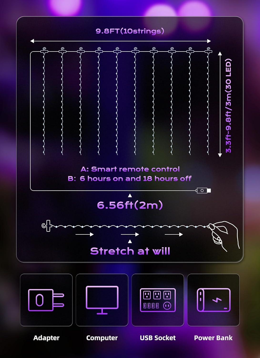 Brightown 300 LED Purple Fairy Curtain Lights, 9.8ft x 9.8ft Curtain String Lights, USB Plug in 8 Lighting Modes LED Christmas String Hanging Lights with Remote for Bedroom Indoor Outdoor Weddings