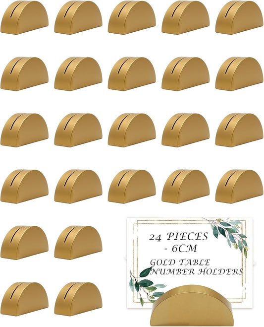 24 Pcs-6cm Table Number Stands, Wooden Semicircular Base - Wedding Place Card Holders, Restaurant Menu & Photo Holders for Tables Lightweight Indoor Design Office Tag Clips Banquet Birthday Party (gold)