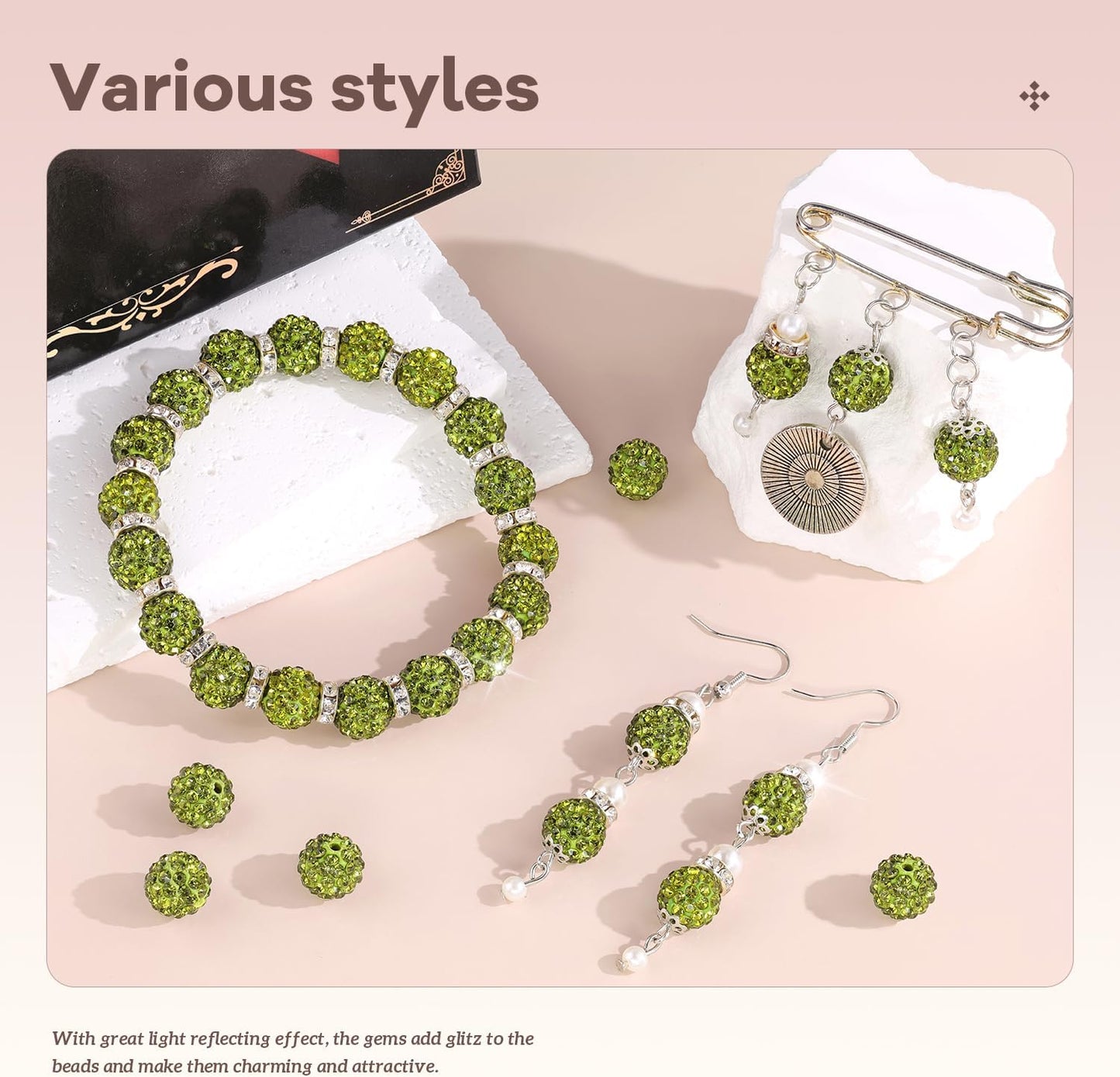 105pcs 10mm Rhinestone Beads for Jewelry Making, Olivine Shiny Round Disco Ball Beads Bulk, Sparkle Crystal Clay Christmas for Bracelet Baseball Necklace Earring Crafting and DIY