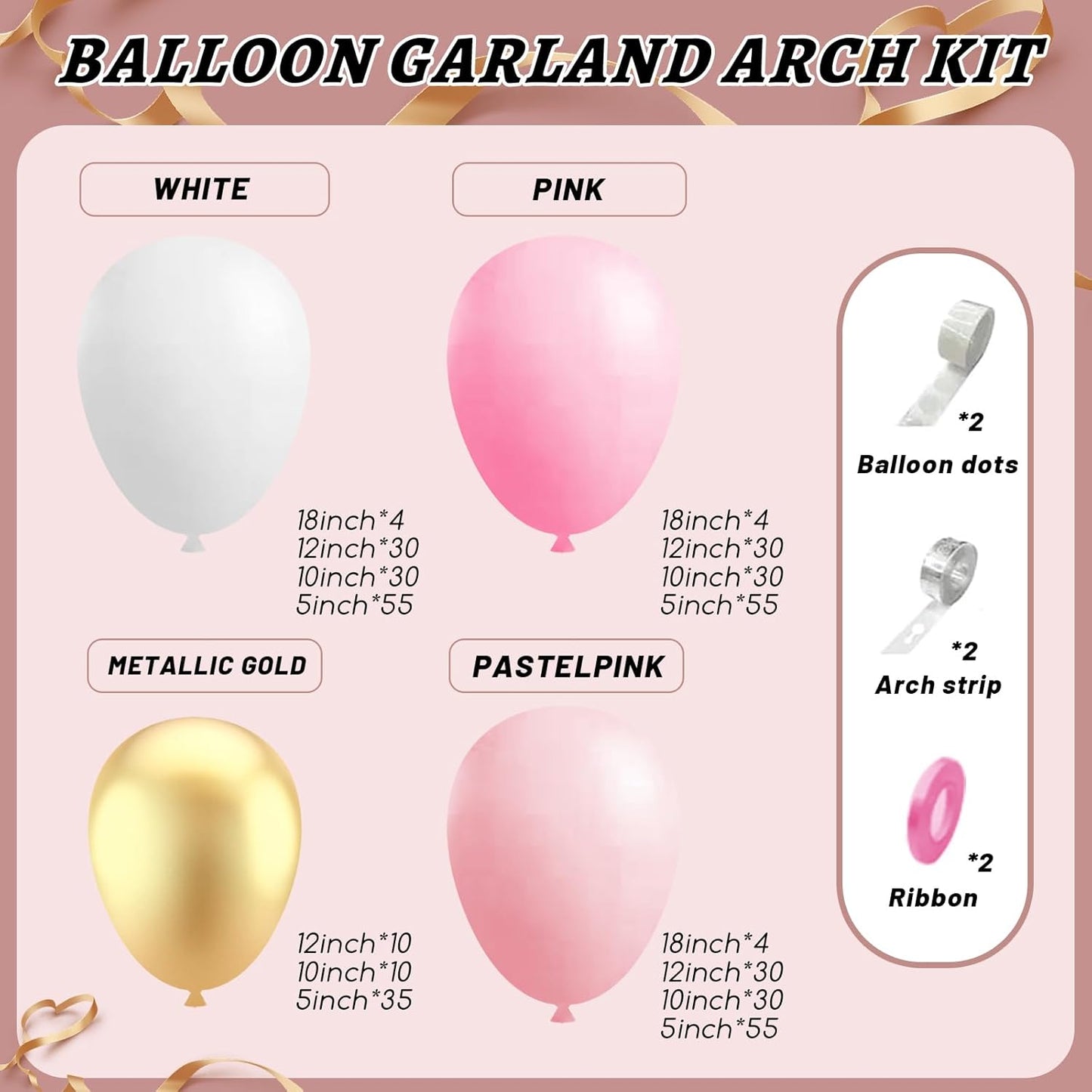 412Pcs Pink and White Balloons Arch Kit,18 12 10 5 Inch Pink and Gold Balloon Garland Pastal Pink White for Women Girls Birthday Bridal Baby Shower Decorations