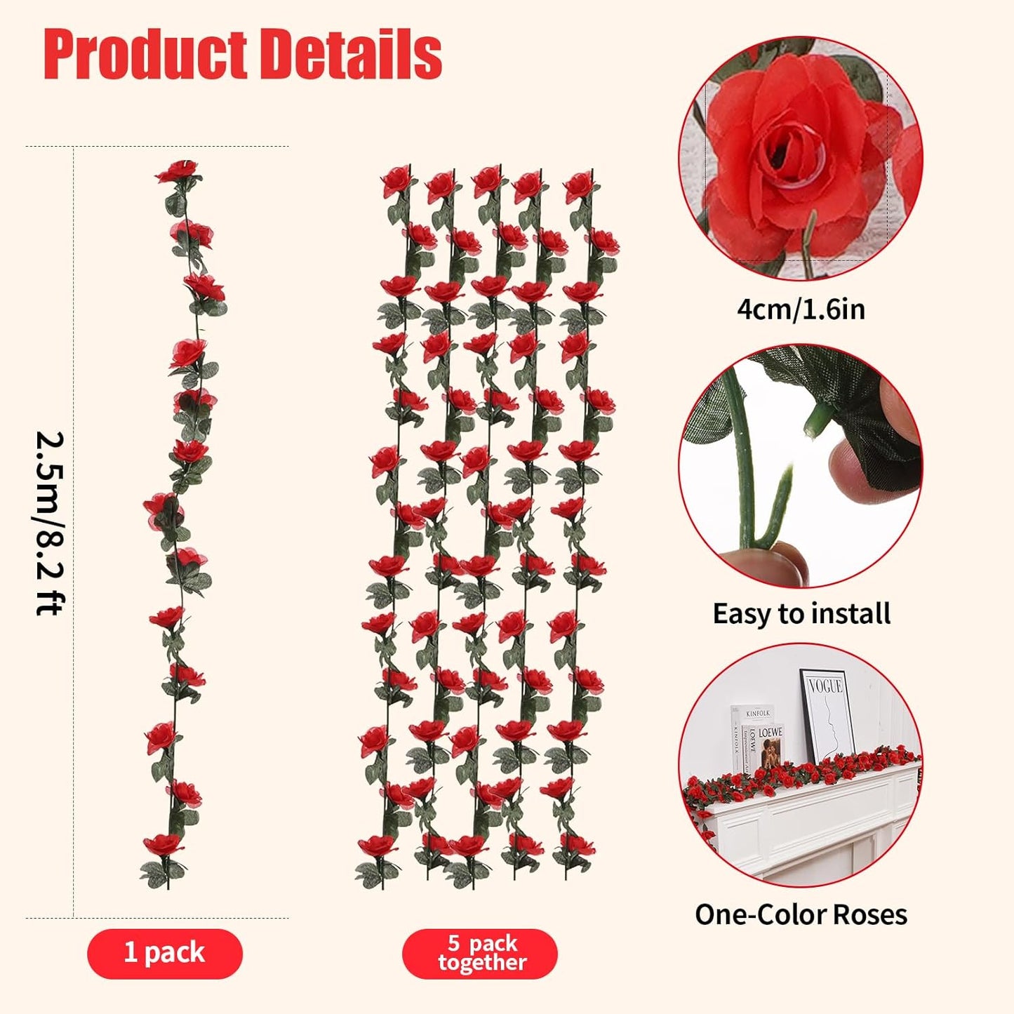 5 Pcs 41FT Flower Garland, Artificial Rose Garland Flowers Plants Fake Flower Hanging Rose Ivy, Birthday Party Valentine's Day Wedding Wall Arch Decor（Red）