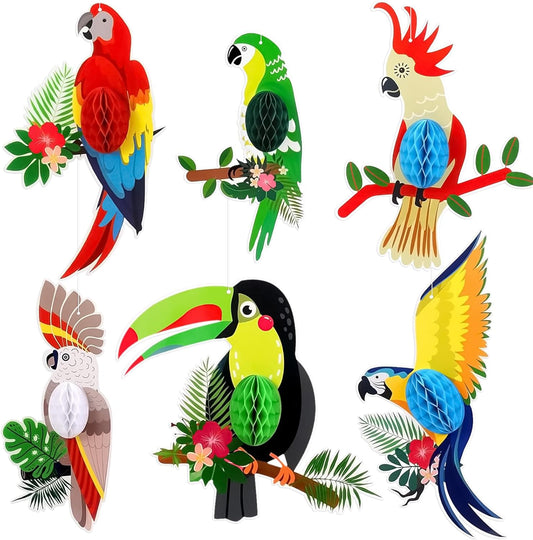 6 Pieces Tropical Birds Honeycomb Cutouts, Large Parrot Hanging Decor Parrot Honeycomb Paper Cutouts for Summer Luau Rainforest Tropical Party Decorations