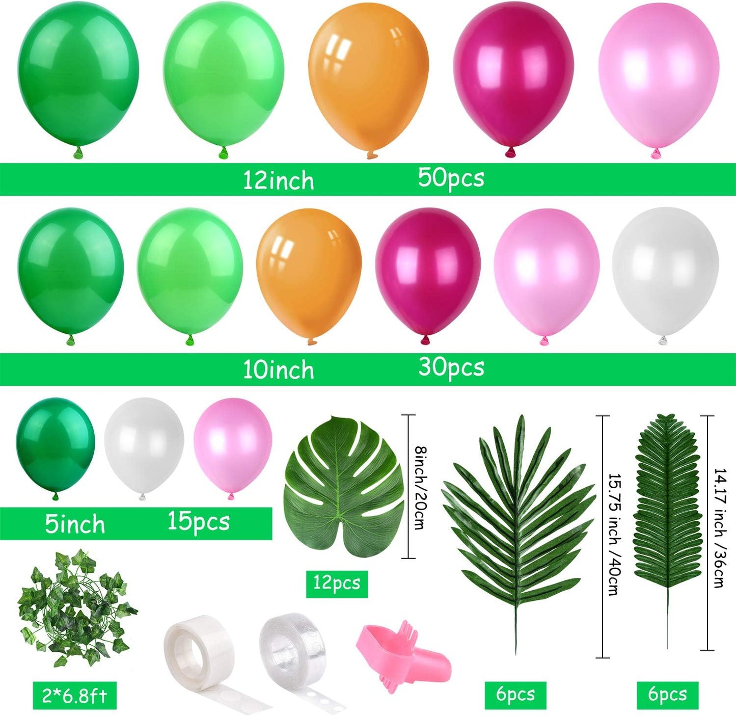 FEPITO 124Pcs Tropical Balloons Garland Kit - Pink Green Balloon Arch With Palm Leaves, Tape Strip, Dot Glue and Tying Tool for Party Decor, Birthday Supplies