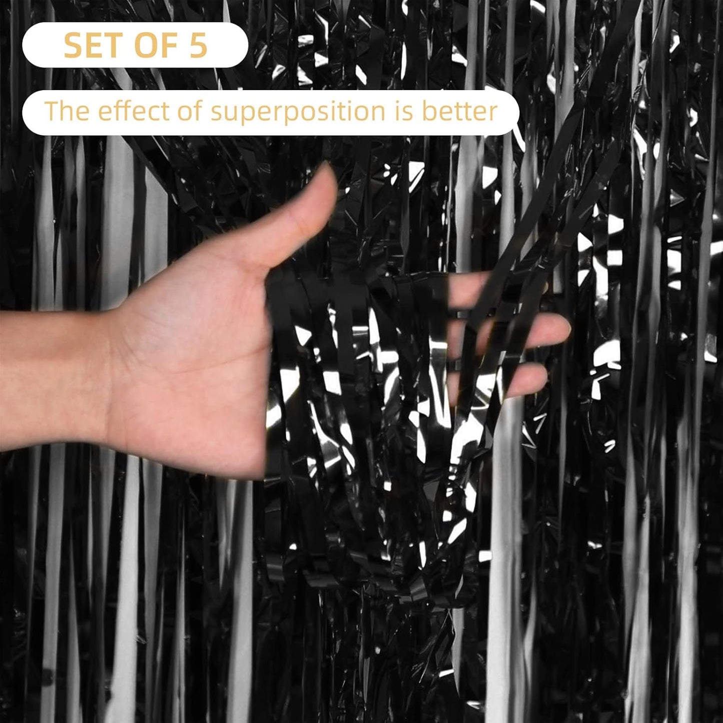 5 Pack Black Fringe Backdrop 3.2ft x 8.2ft Foil Curtain Tinsel Streamers for Birthday Party Decoration Wedding Christmas (Black)
