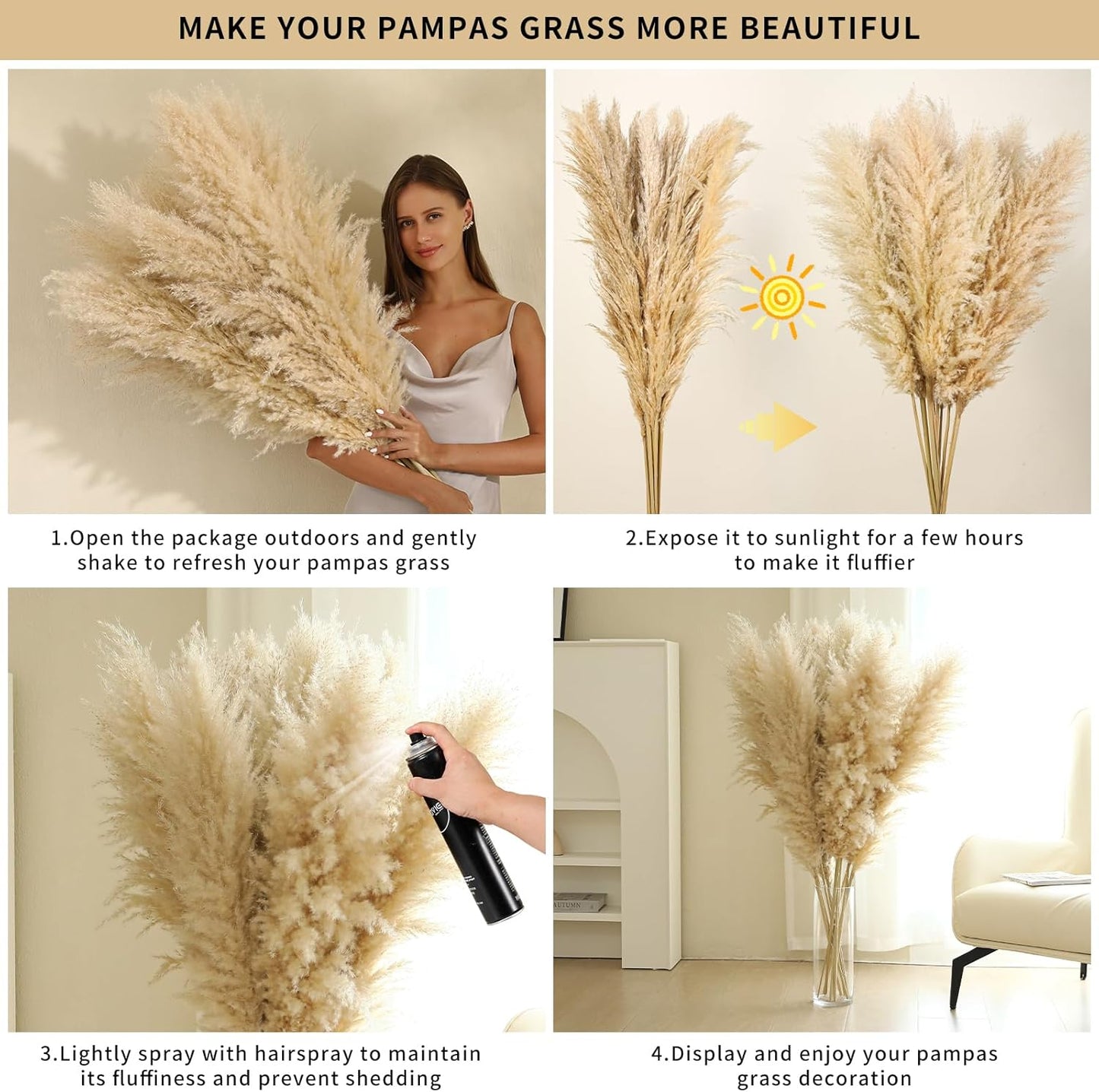 10 Stems 46 inch Tall Pampas Grass Decor - Large Fluffy Dried Pompas Grass for Floor Vase - Rustic Wedding, Baby Shower, Party, Farmhouse, Boho Home Decor