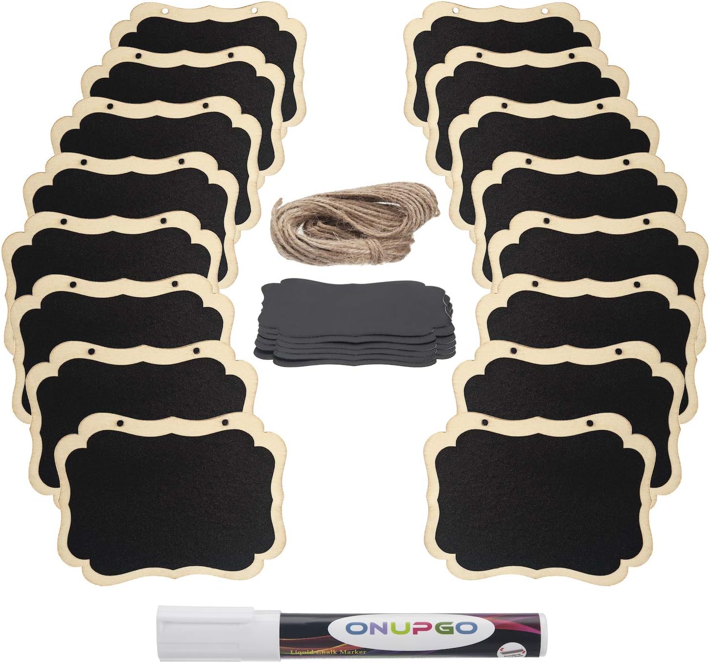 ONUPGO 16 Pack Chalkboard Tags with Liquid Chalk Marker, Double Sided Blackboard with Hanging String, Wooden Mini Erasable Chalkboard Signs, Hanging Chalkboard Labels, Price Tags, Message Tags