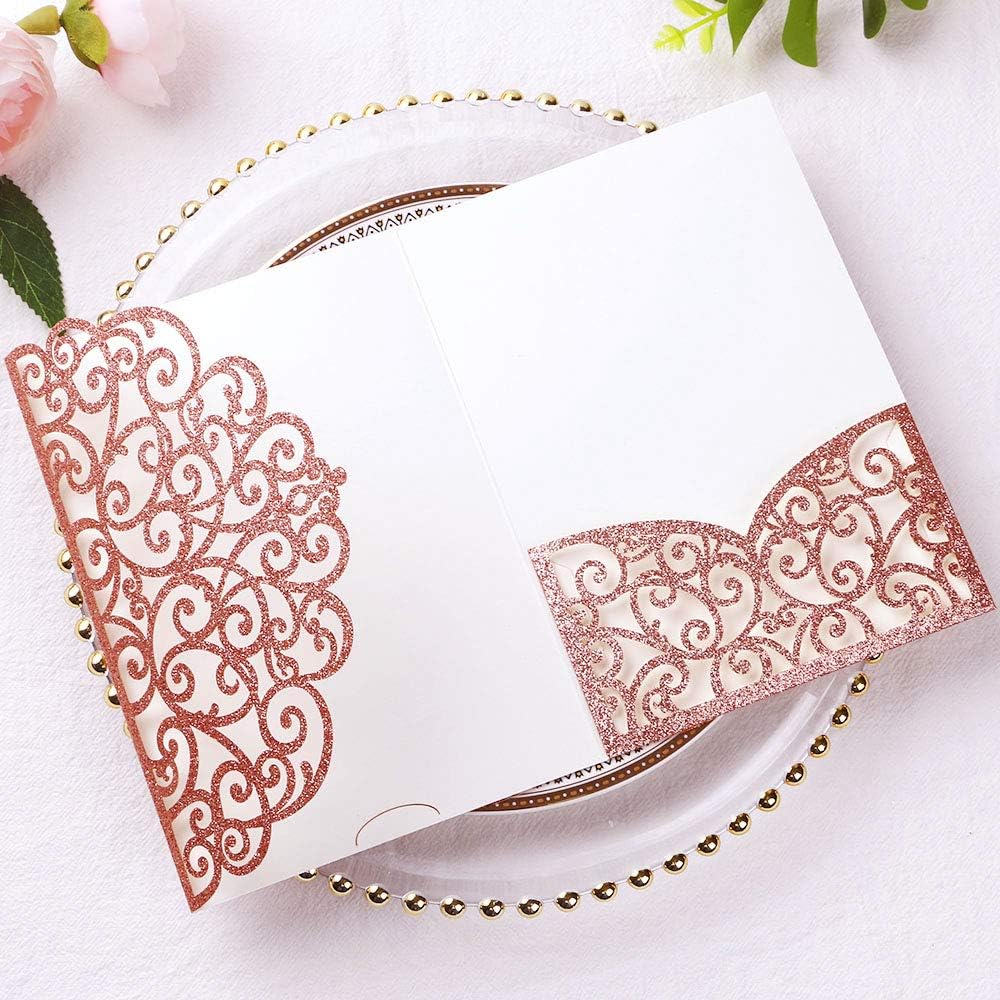 PONATIA 5.12 X 7.2 Rose Gold Glitter Wedding Invitations, 20PCS Tri-Fold Laser Cut Invitations Pockets With Envelopes For Wedding Bridal Shower Engagement Quinceanera Invitations (No Inner Sheet)