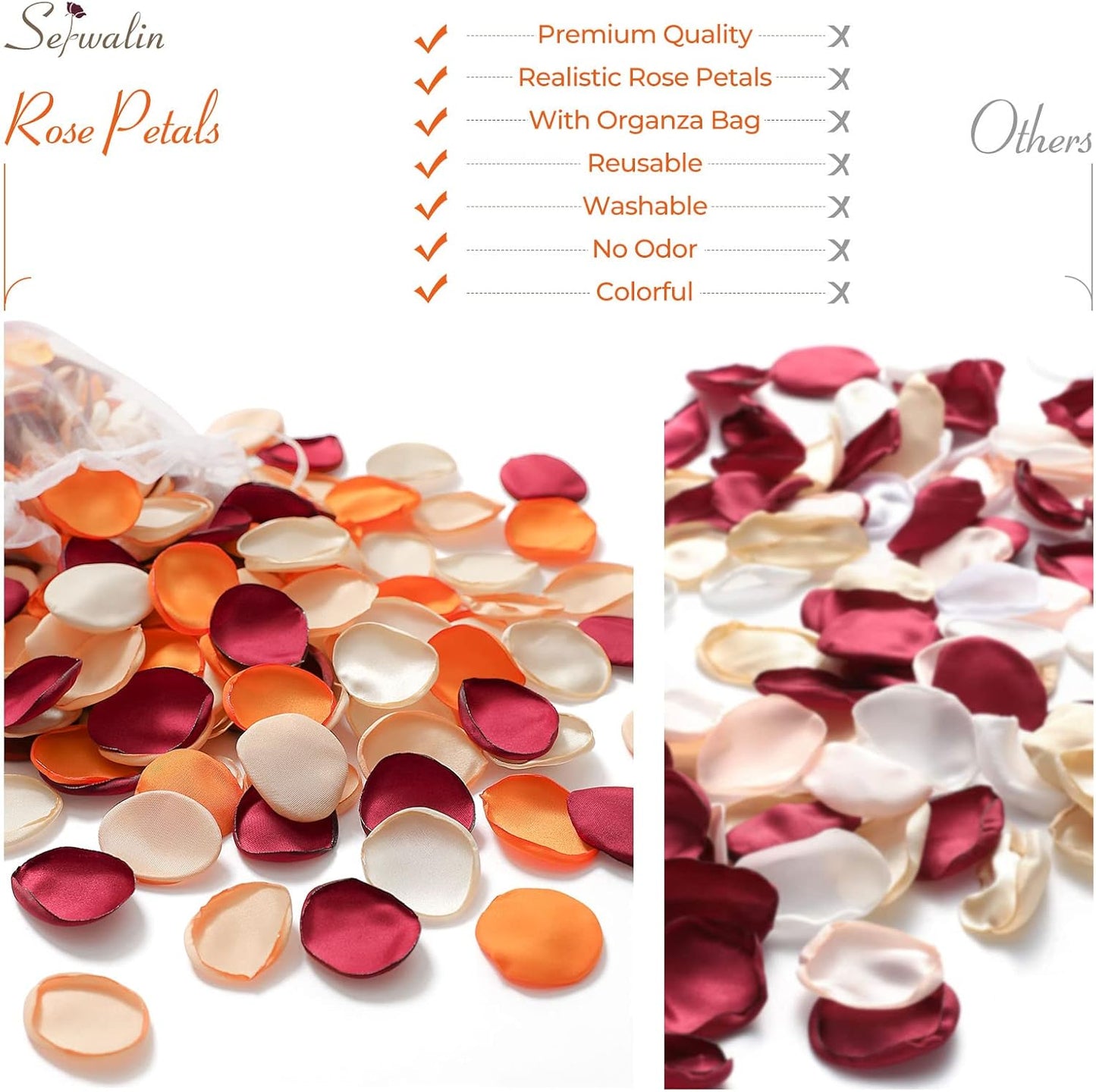 Serwalin 300Pcs Silk Rose Petals Flower Petals for Weddings Burgundy Gold White Petals Fake Orange Petals for Aisle Flower Girl Basket Bridal Shower Table Decor (4 Color Mixes)