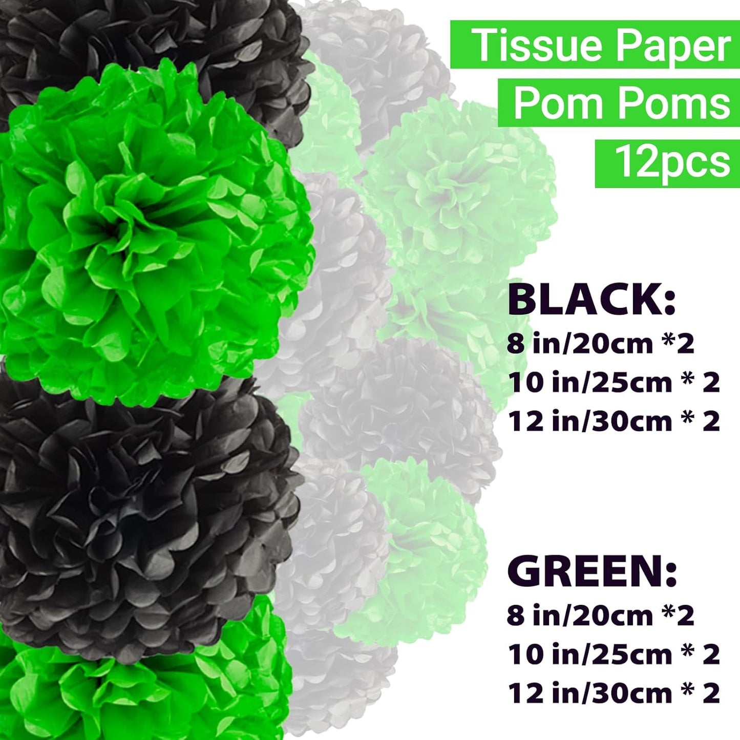 Capesaro Black Green Tissue Paper Pom Poms, 12PCS Tissue Paper Flowers Soccer Video Game Decorations Football Party Supplies Birthday Boys Party Graduation Decorations