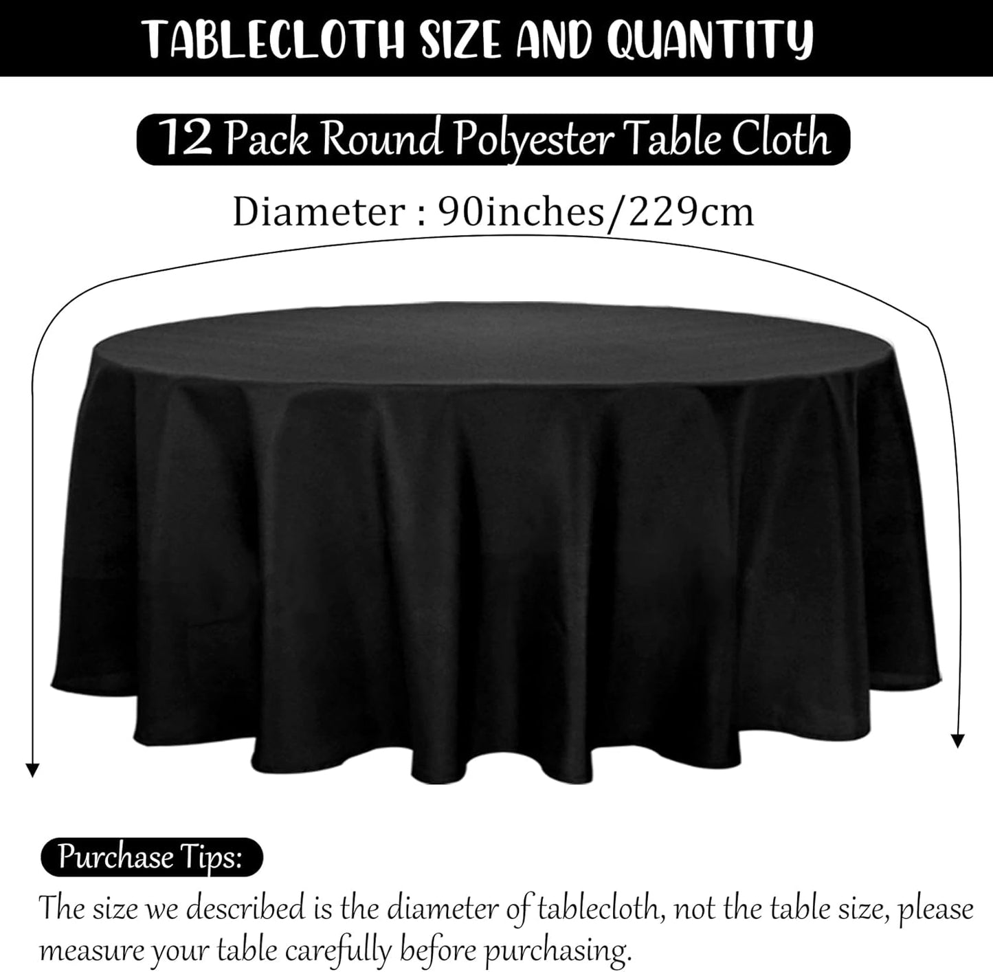 12 Pack Black Round Tablecloth 90 Inch Round Table Covers Bulk Washable Polyester Fabric Round Table Clothes for Wedding Party Reception Banquet Buffet Restaurant (Black, 90 Inch)