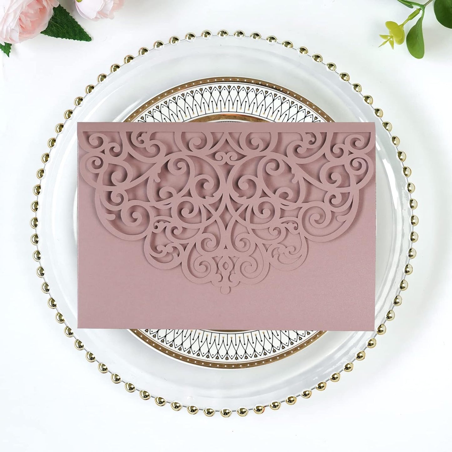 PONATIA 5.12 x 7.2 Dusty Rose Laser Cut Wedding Invitations, 5x7 Trifold Laser Cut Invitation Pockets with Envelopes for Wedding Bridal Shower Engagement Quinceanera Invitations (20PCS No Inner Sheet)