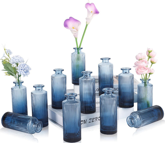 Navy Blue Glass Bud Vases Set of 12, Mini Ribbed Flower Vase for Centerpieces, Small Glass Vases in Bulk for Wedding Decorations, Vintage Vase for Table, Recepetion, Graduation, Home Décor