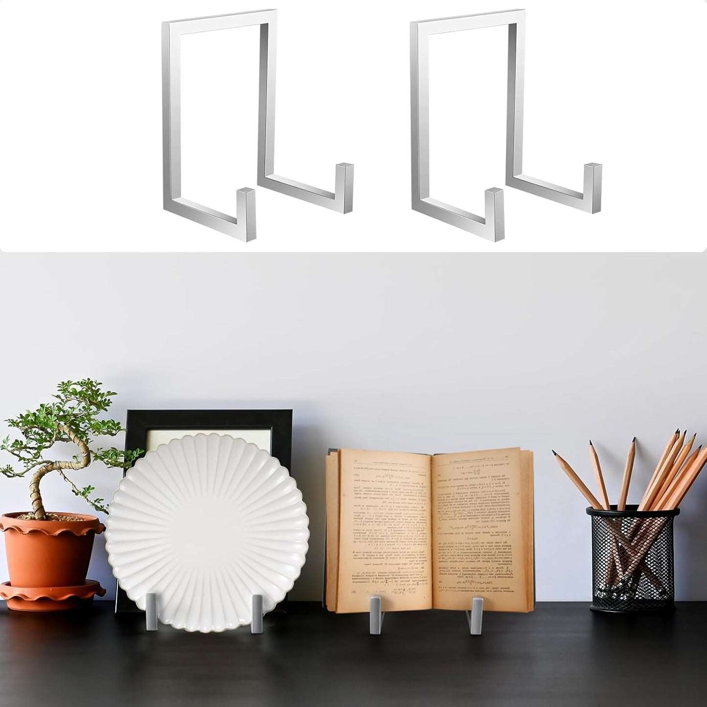 Sweetude 2 Pcs Large Plate Stands for Display Metal Frame Plate Holder Display Stand Decorative Table Top Easels for Picture, Book, Platter, Photo Easel(Silver,8 Inch)