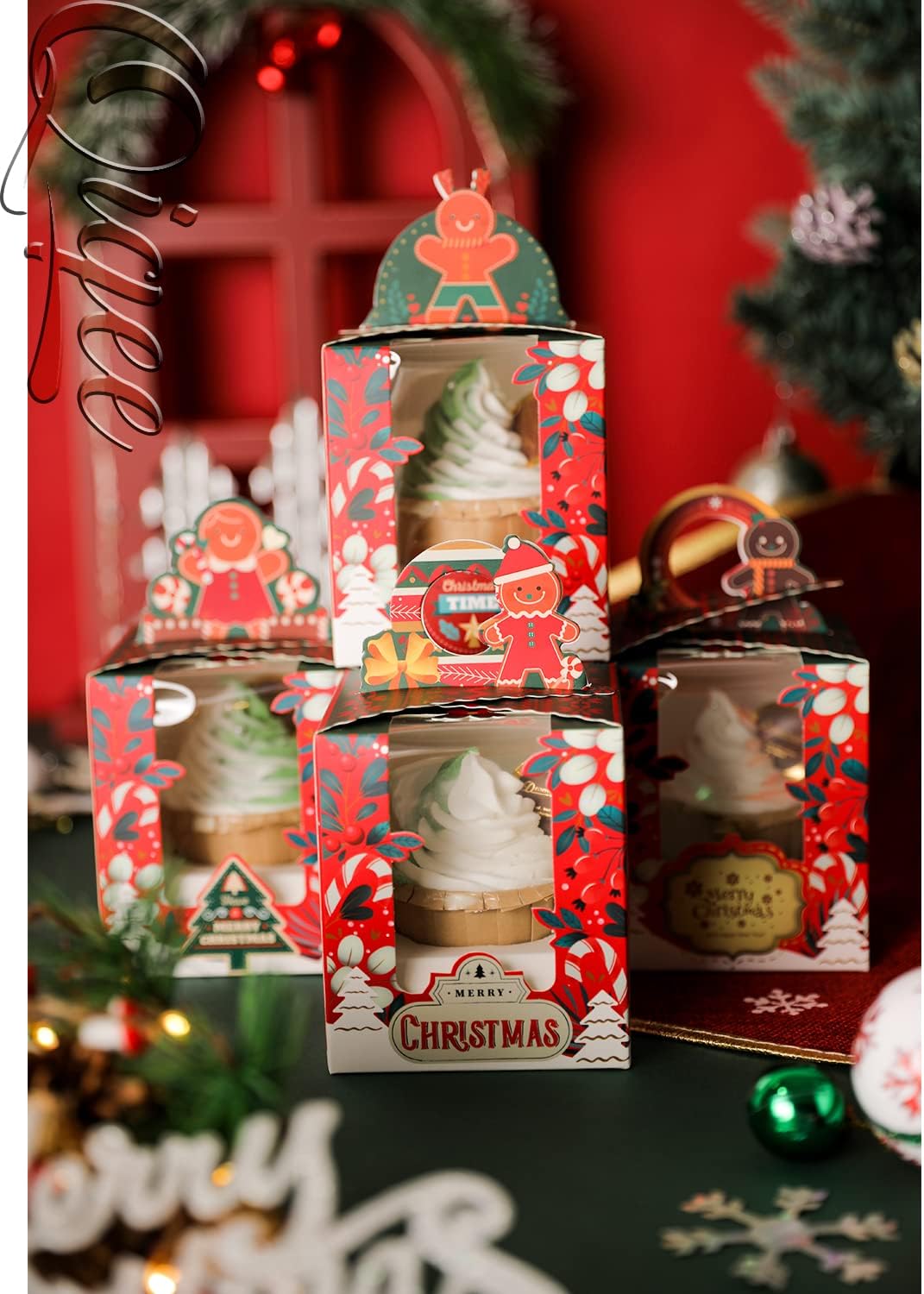 qiqee Christmas Individual Cupcake Boxes 50pcs Individual Cupcake Boxes with Window 3.7" 3.7"*4.5" Cupcake Box for Christmas