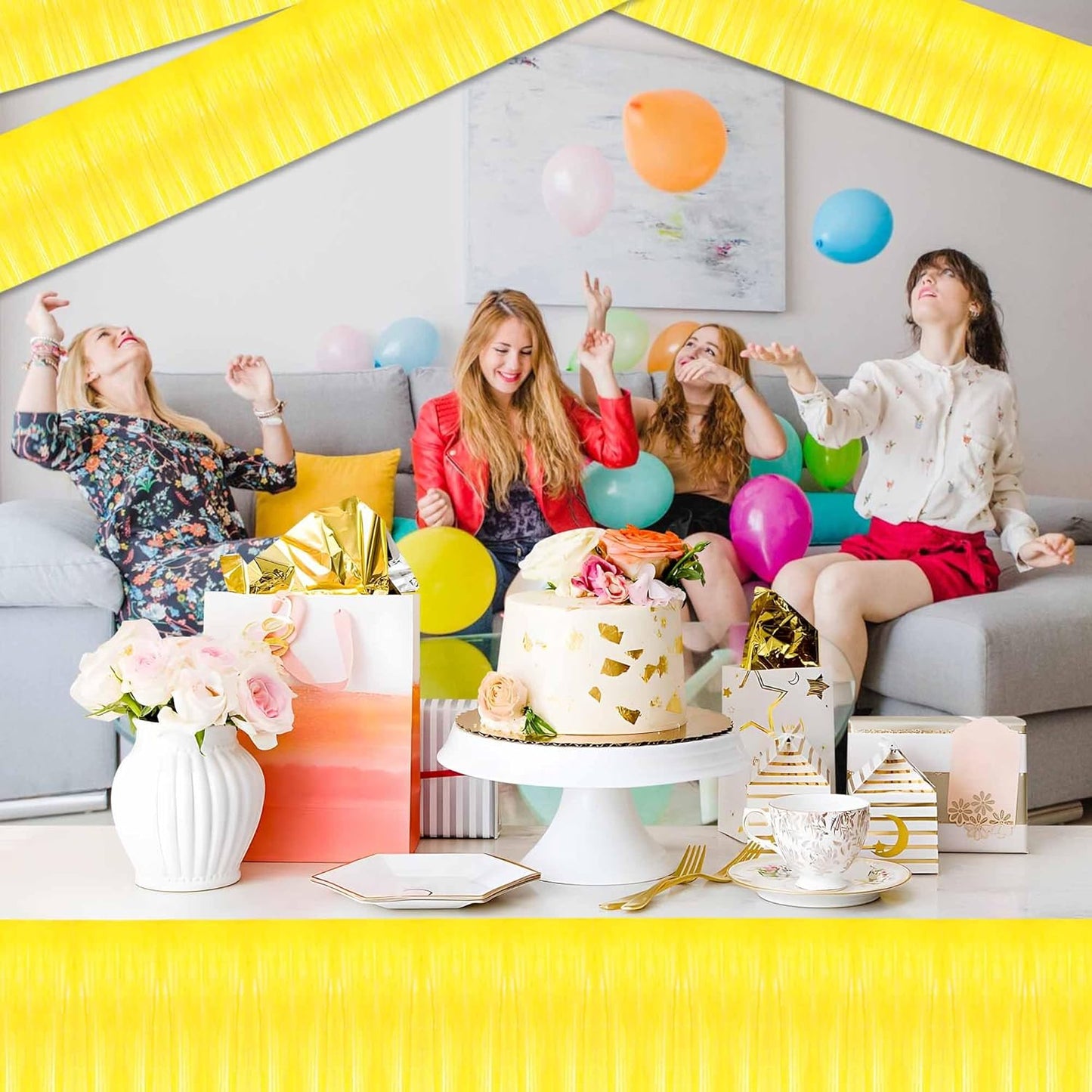 4 Pack 10 Ft Macaron Yellow Foil Fringe Garland Metallic Streamers Tinsel Banner Wall Hanging Garland Backdrop for Parade Floats, Halloween, Christmas, Thanksgiving, New Year Party Decorations