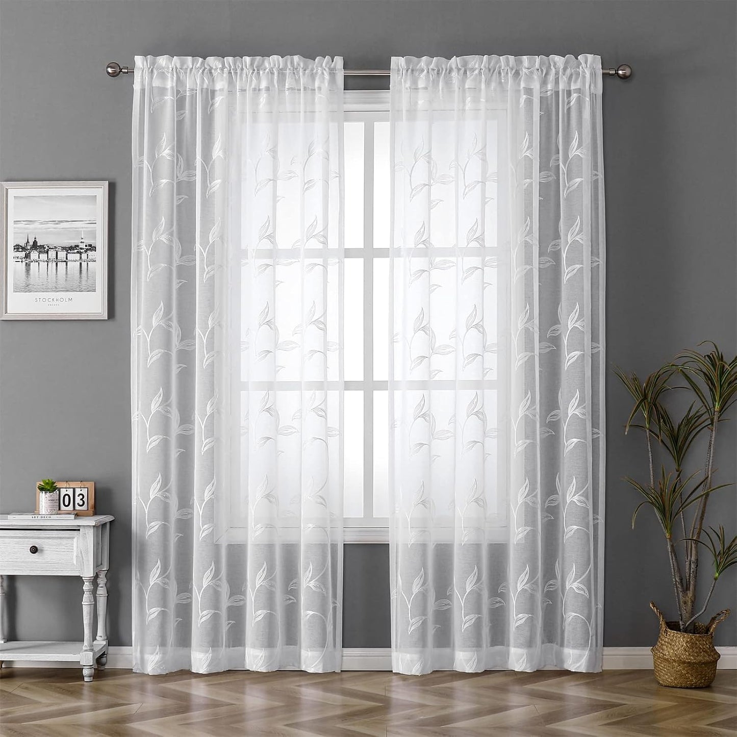 VISIONTEX White Sheer Voile Curtains, Decorative White Embroidery Faux Linen Rod Pocket Window Drapes for Home Kitchen, Living Room and Bedroom 54 x 84 Inch, Set of 2 Curtain Panels