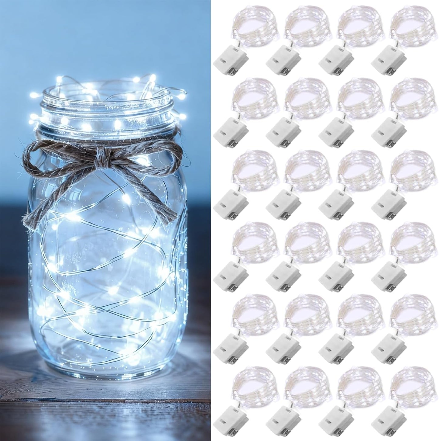 24 Pack Fairy Lights Battery Operated [3 Modes] 7ft 20 LED Mini Twinkle String Lights Waterproof Silver Wire Firefly Starry Lights for Wedding Party Mason Jars Christmas Decorations, Cool White